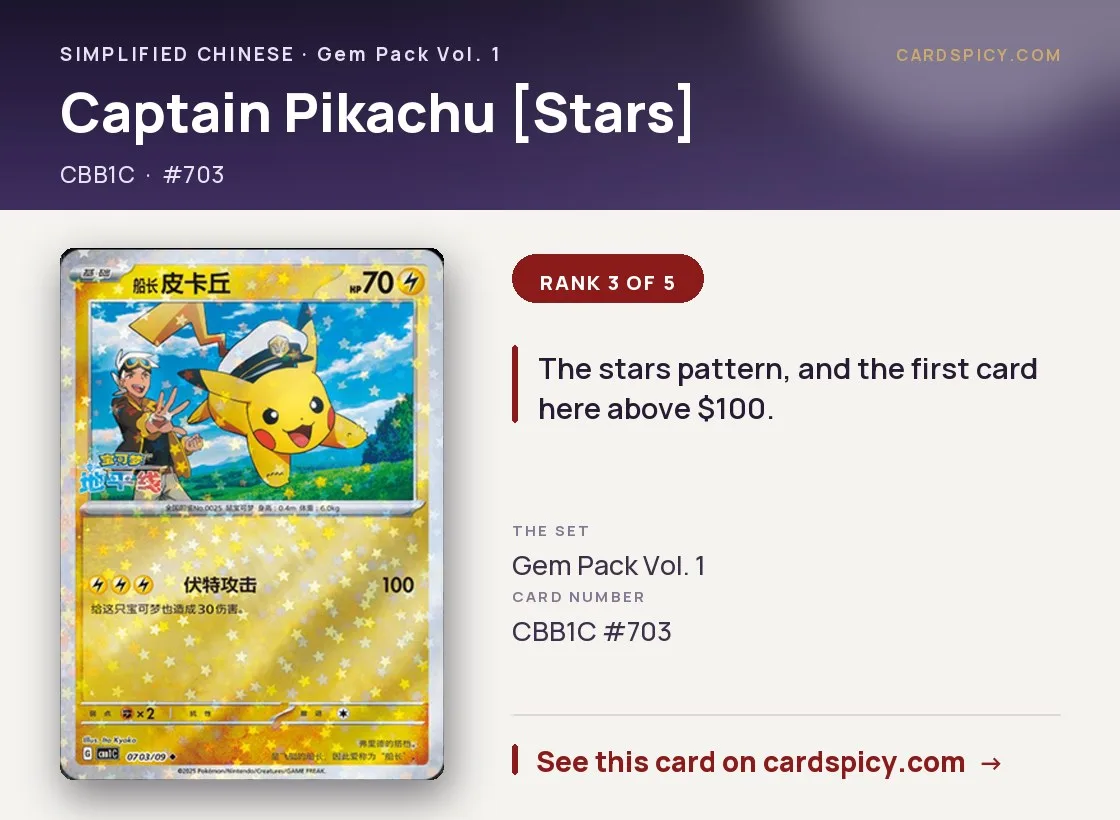 Captain Pikachu [Stars] card from Gem Pack Vol. 1 (CBB1C #703), Simplified Chinese Pokemon