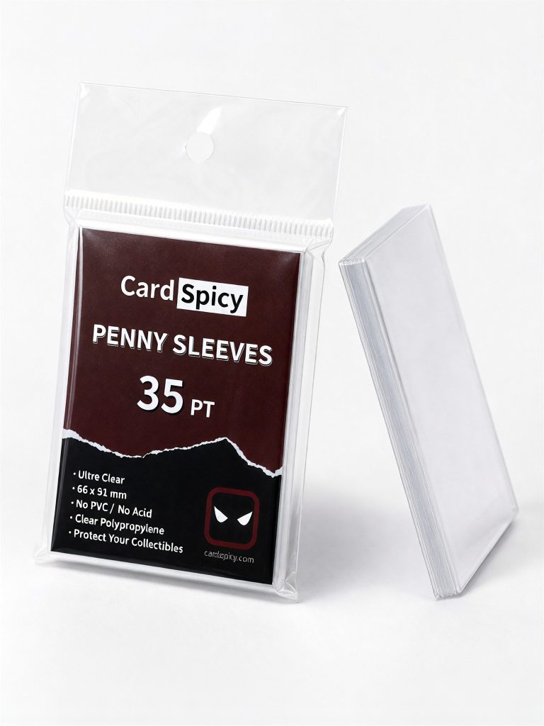 CardSpicy 35pt penny sleeves — two packs shown front and side