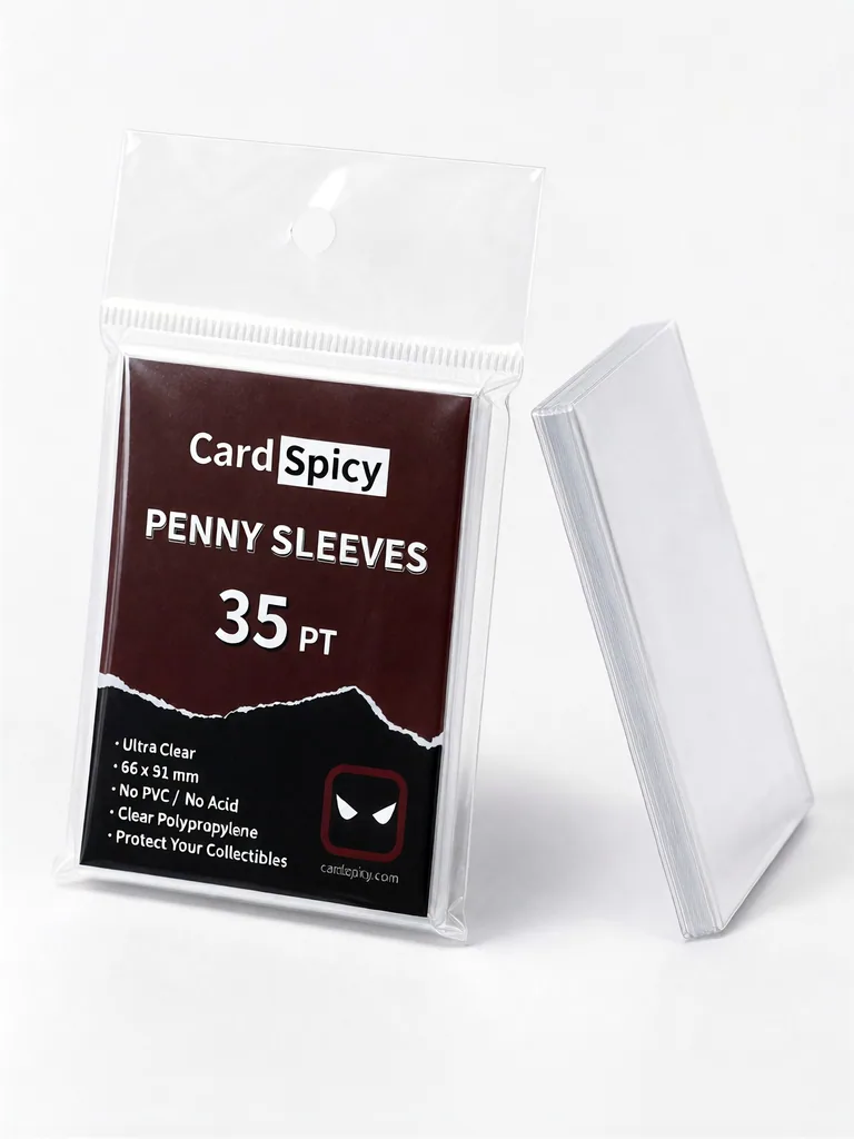 CardSpicy 35pt penny sleeves — two packs shown front and side