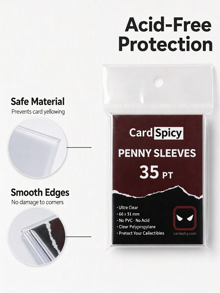 Acid-free penny sleeve packaging with a safe material detail shot