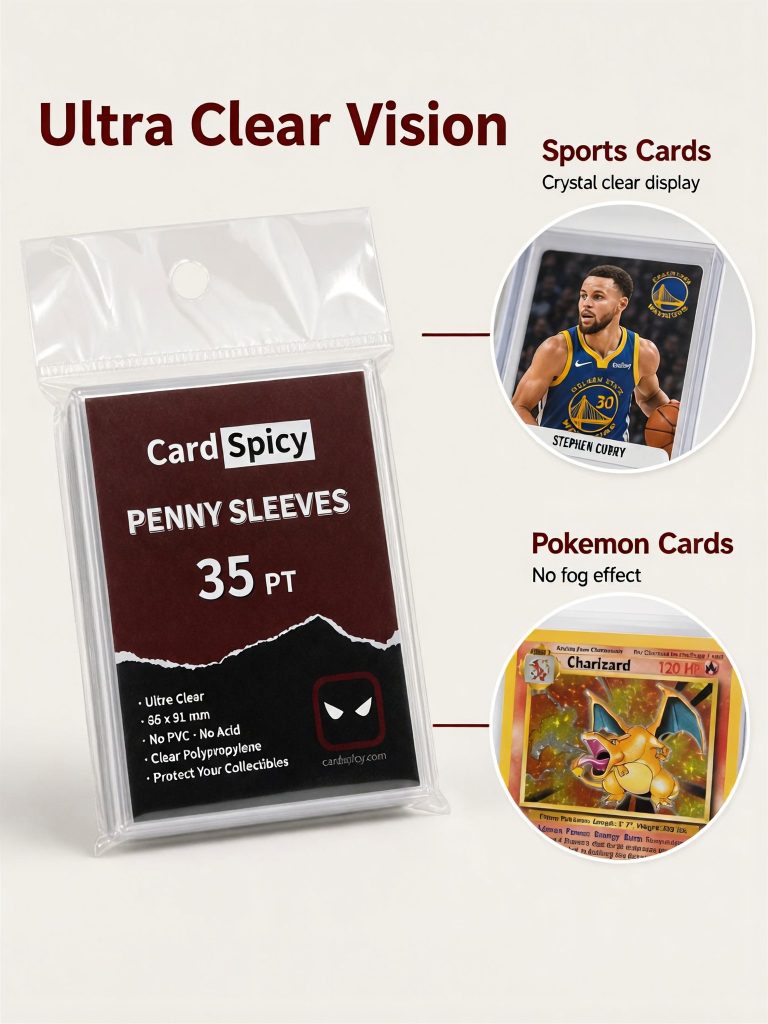Ultra clear penny sleeve shown with a sports card and a Pokemon card