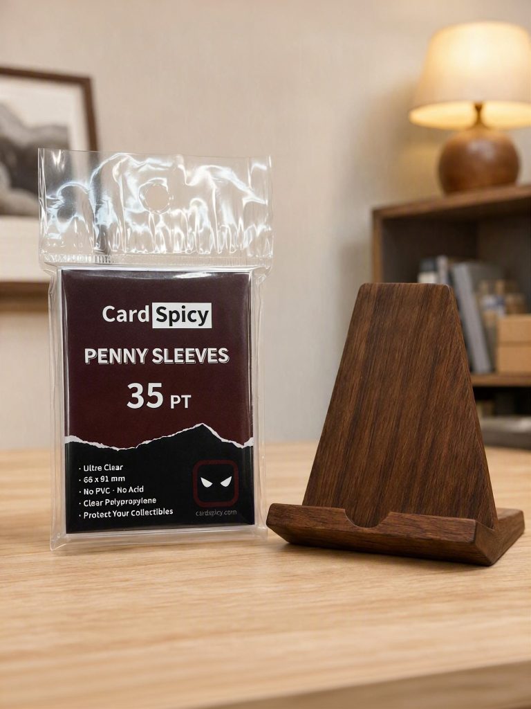 Penny sleeve pack on a shelf at home with collected cards in a stand