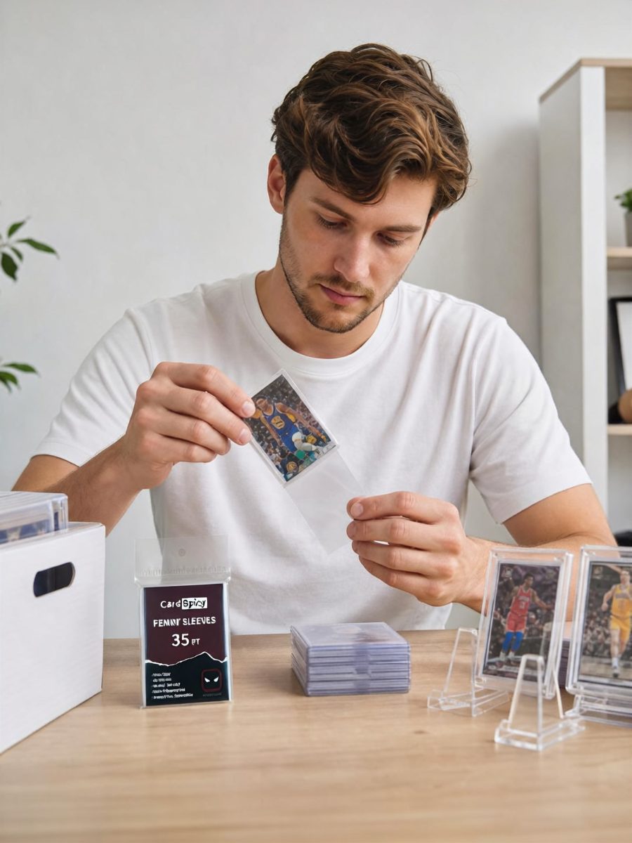 Collector putting a card into a penny sleeve at a desk