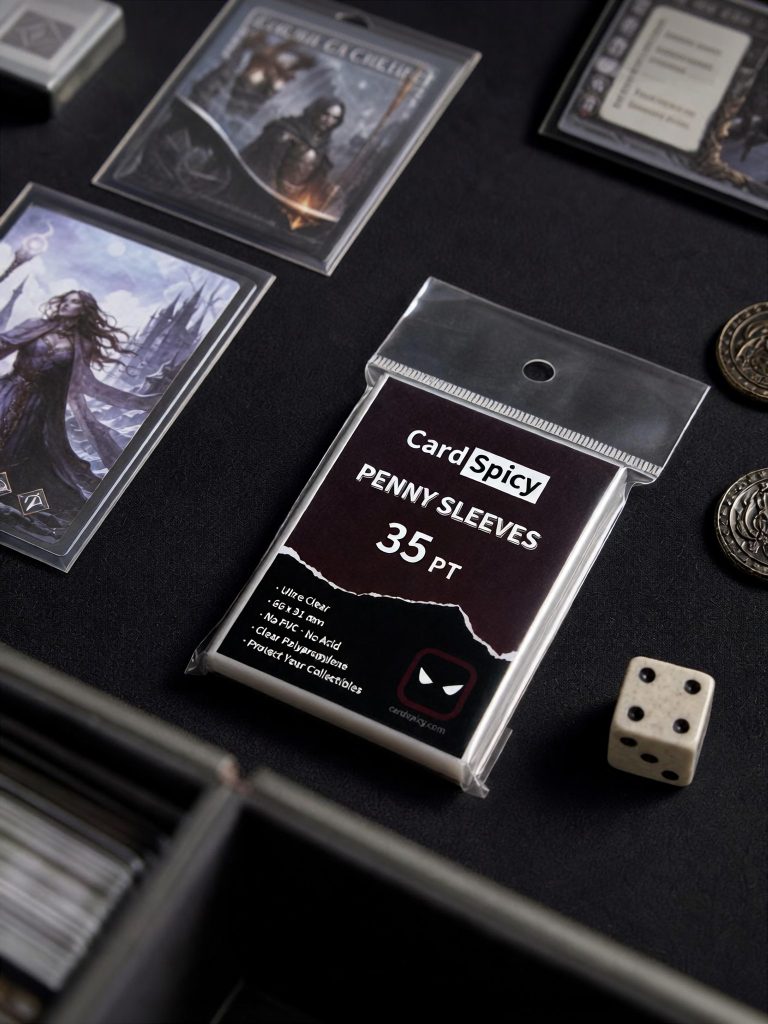 Penny sleeve pack next to cards and dice during a game