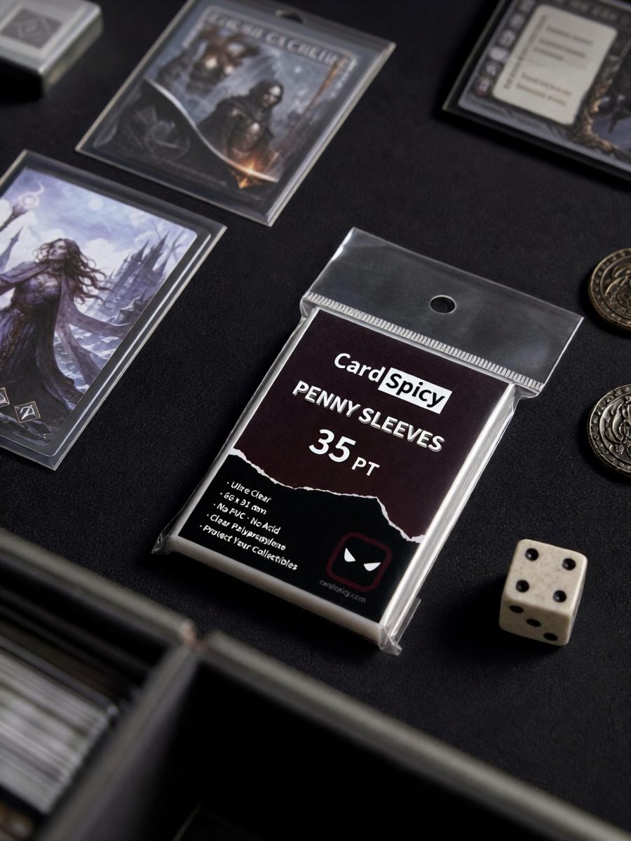 Penny sleeve pack next to cards and dice during a game