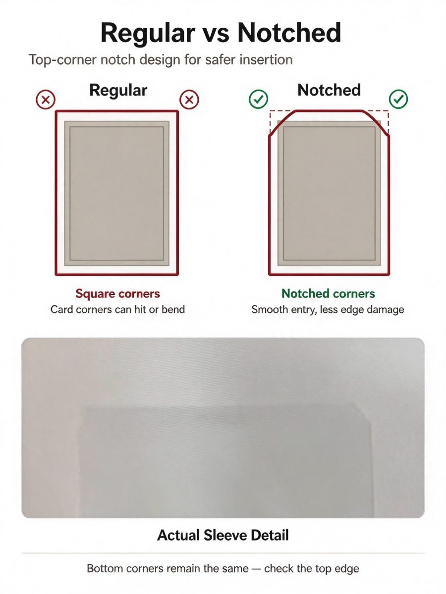 Regular vs Notched card sleeve opening comparison: square corners versus notched top corners
