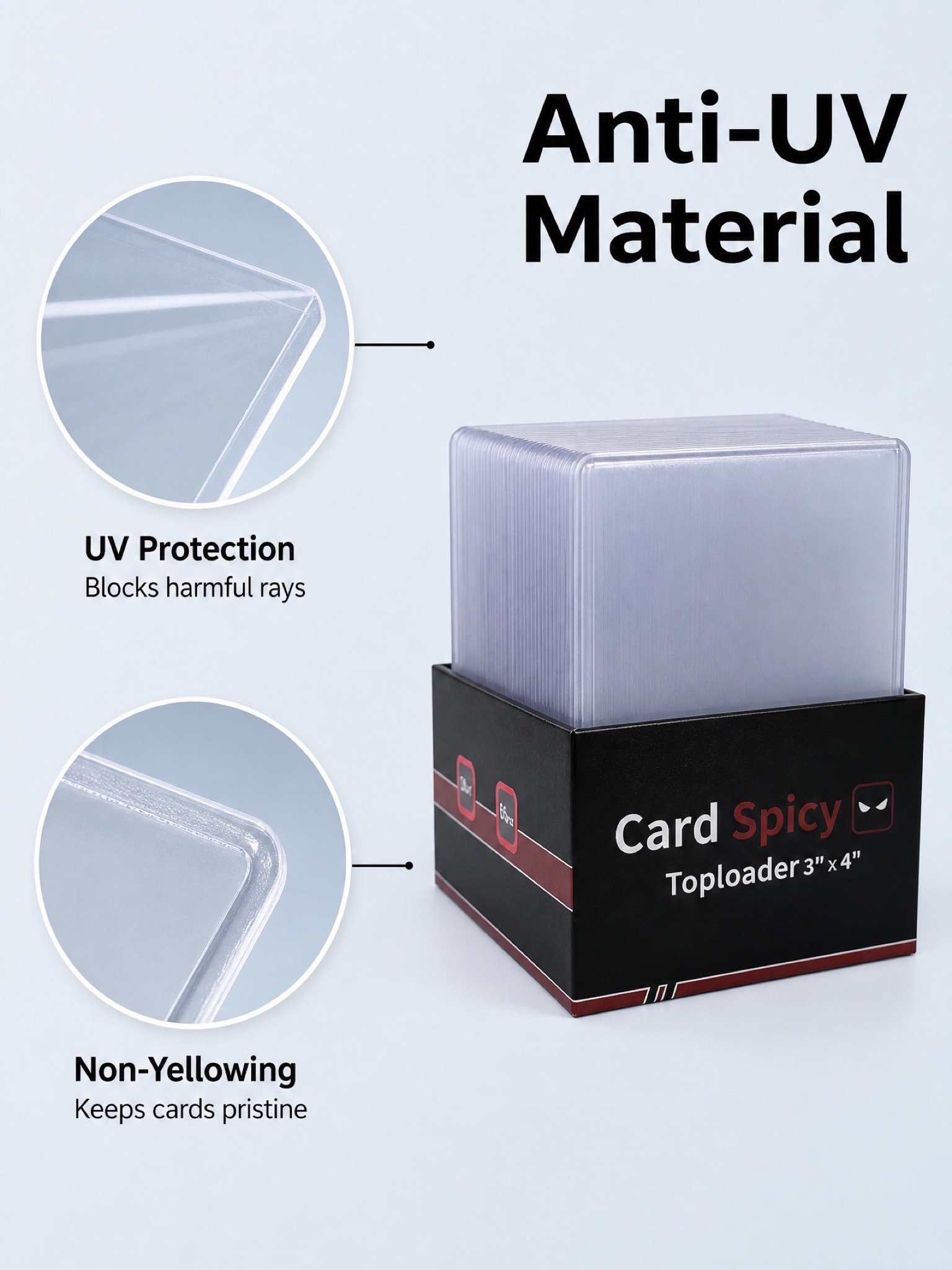 Anti-UV material detail — blocks harmful rays and keeps cards from yellowing