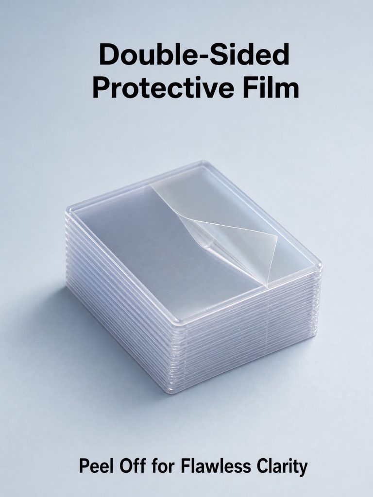 Double-sided protective film being peeled off a clear 3x4 toploader