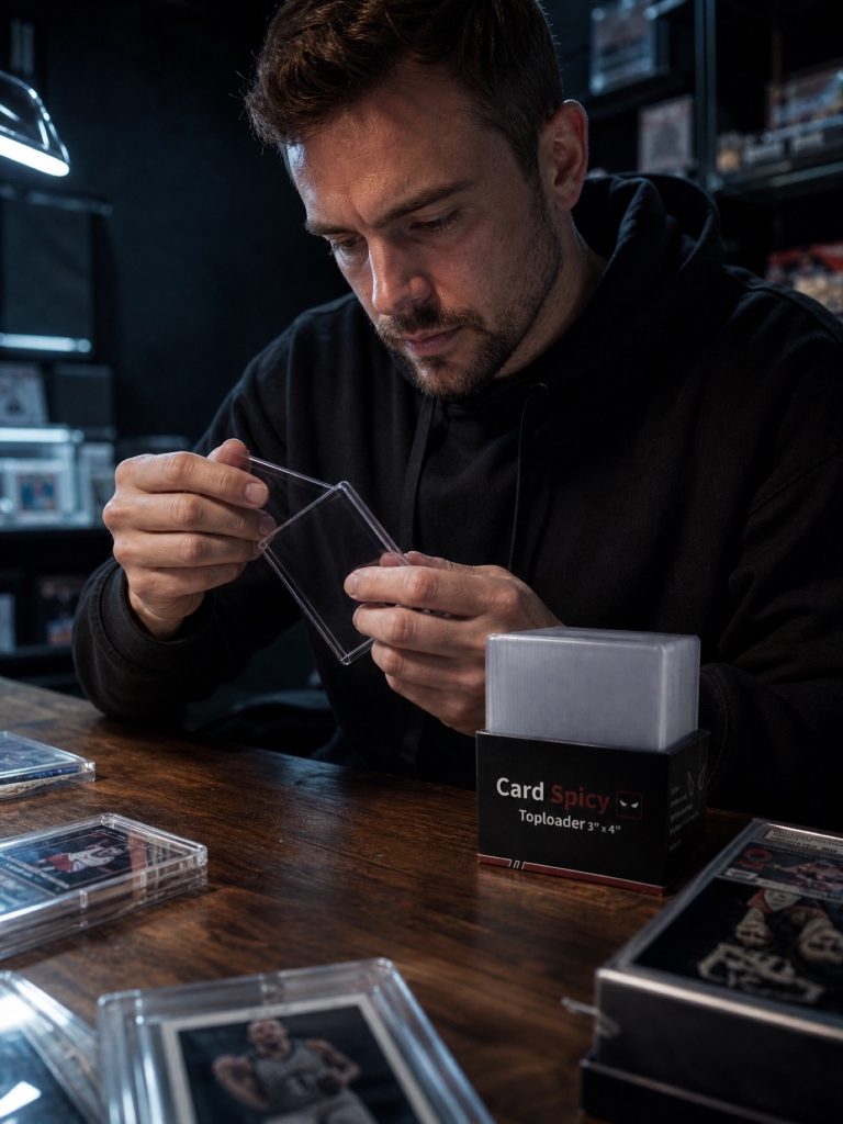Collector inspecting a clear 3x4 toploader at a desk