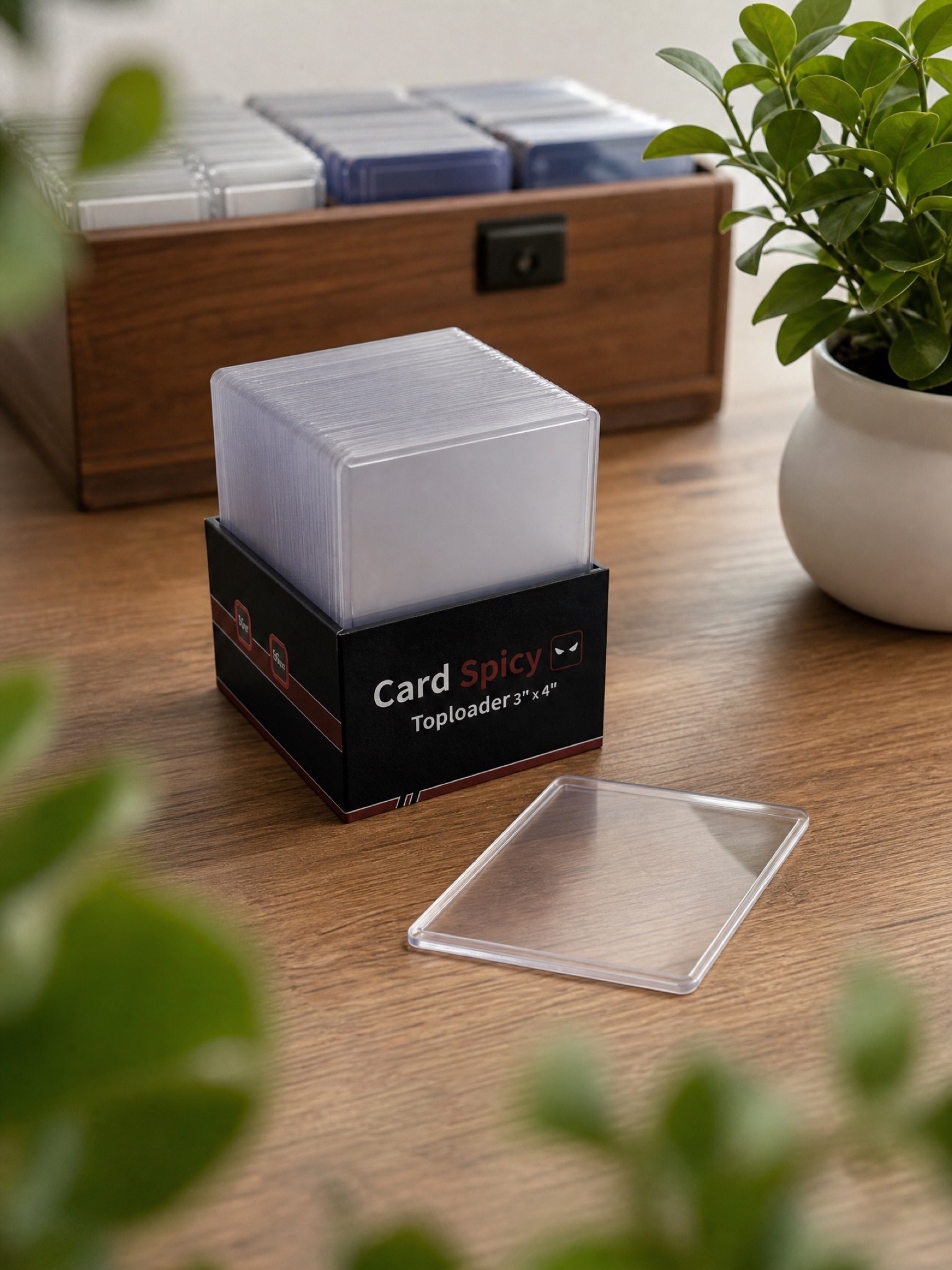 Toploaders stored in a wooden box at home for long term protection