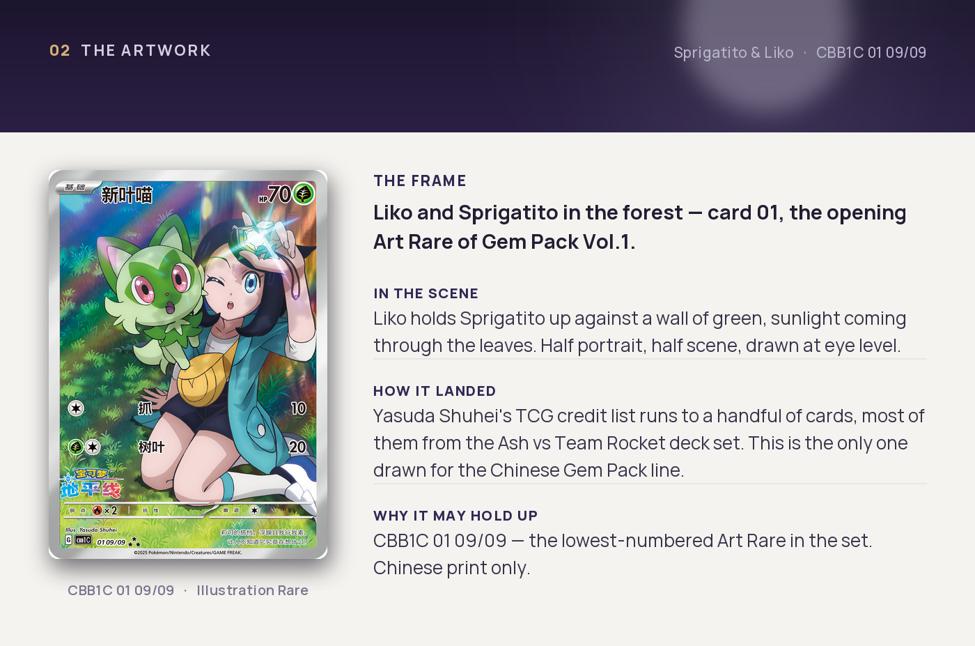 Sprigatito & Liko — artwork breakdown for CBB1C 01 09/09 (Gem Pack Vol.1). Artist Yasuda Shuhei.