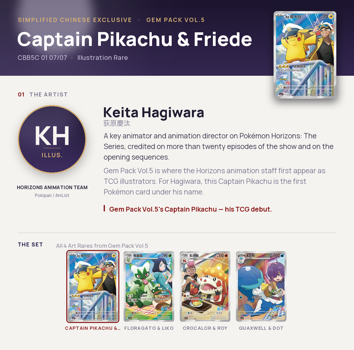 Captain Pikachu & Friede — CBB5C 01 07/07, Illustration Rare. Artist Keita Hagiwara. Gem Pack Vol.5, Simplified Chinese exclusive.