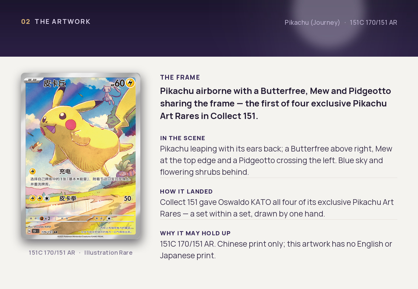Pikachu (Journey) — artwork breakdown for 151C 170/151 AR (Collect 151). Artist Oswaldo KATO.