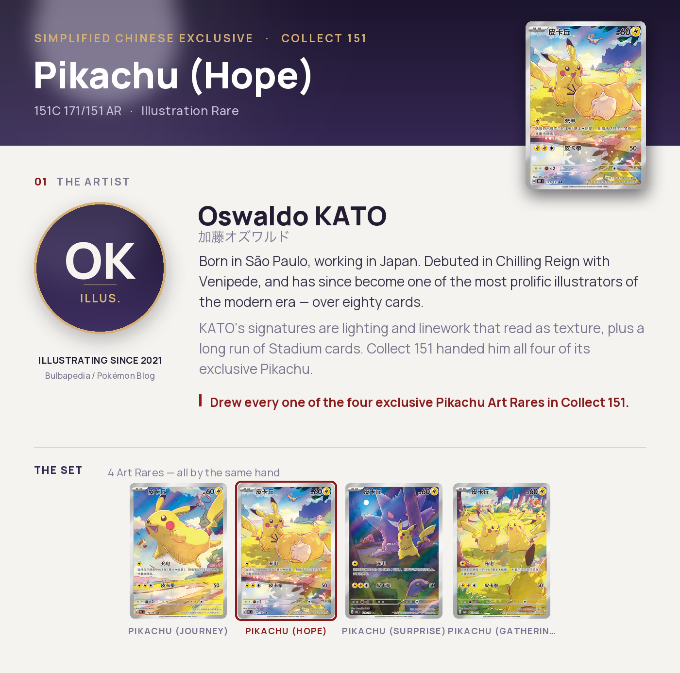 Pikachu (Hope) — 151C 171/151 AR, Illustration Rare. Artist Oswaldo KATO. Collect 151, Simplified Chinese exclusive.