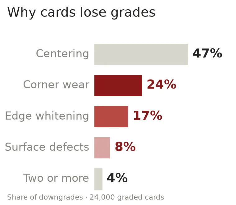 Bar chart: share of PSA downgrades caused by centering 47%, corner wear 24%, edge whitening 17%, surface defects 8% and two or more factors 4%