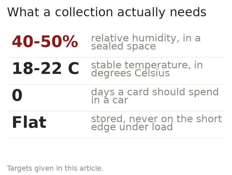 Storage targets for a card collection: humidity, temperature, never in a car, stored flat