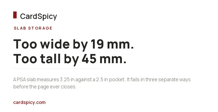 CardSpicy card showing a PSA slab is 19 mm too wide and 45 mm too tall for a nine-pocket page