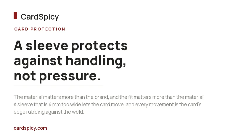 CardSpicy card explaining that a card sleeve protects against handling, not pressure
