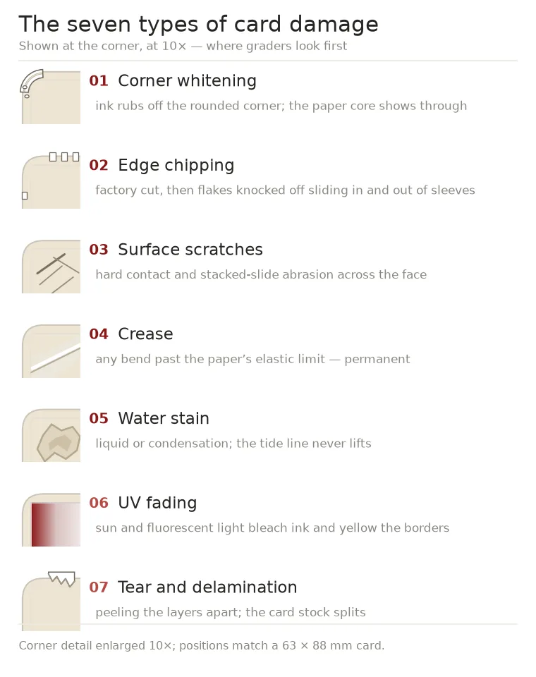 Seven types of card damage shown at the corner of a trading card under magnification: corner whitening, edge chipping, surface scratches, crease, water stain, UV fading, tear and delamination