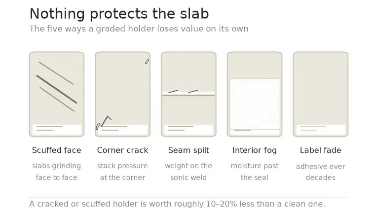 Five types of damage to a graded card holder: scuffed face, corner crack, seam separation, interior fogging and label fading
