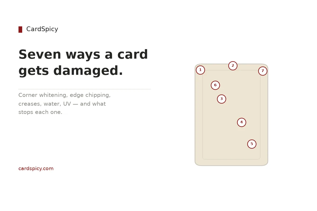 Seven types of trading card damage illustrated on a 63 x 88 mm card