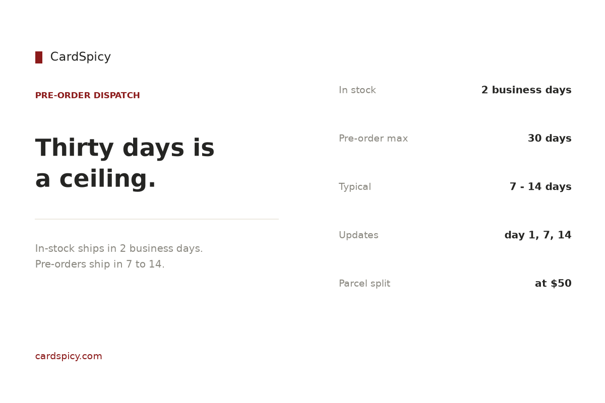 Pre-order dispatch times - in-stock 2 business days, pre-order 30 days maximum and typically 7 to 14 days