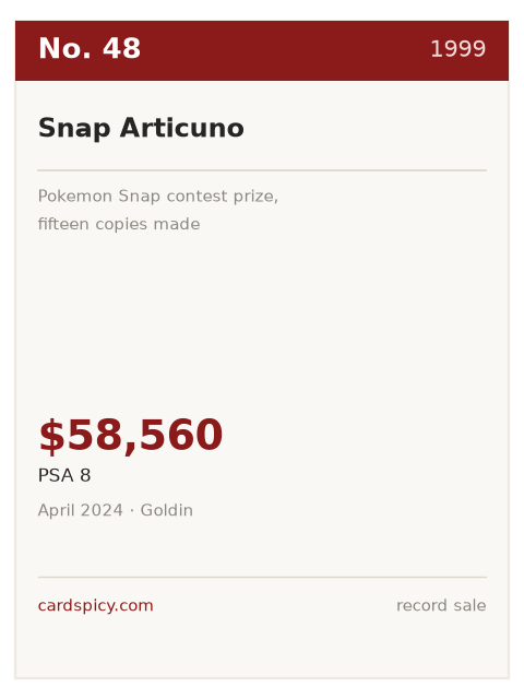 Record plate for the No. 48 most expensive Pokemon card: Snap Articuno, 1999, PSA 8, $58,560