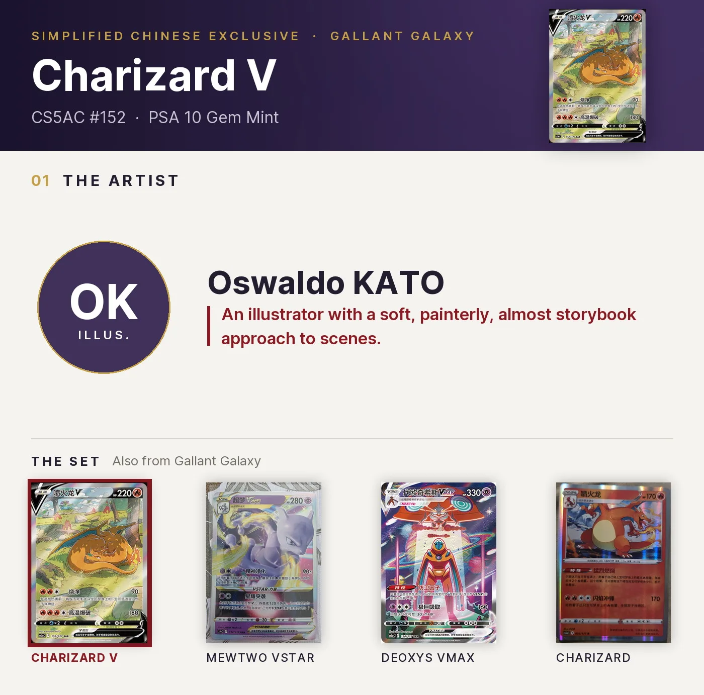 Charizard V — CS5AC #152, PSA 10. Artist Oswaldo KATO. Gallant Galaxy, Simplified Chinese exclusive.