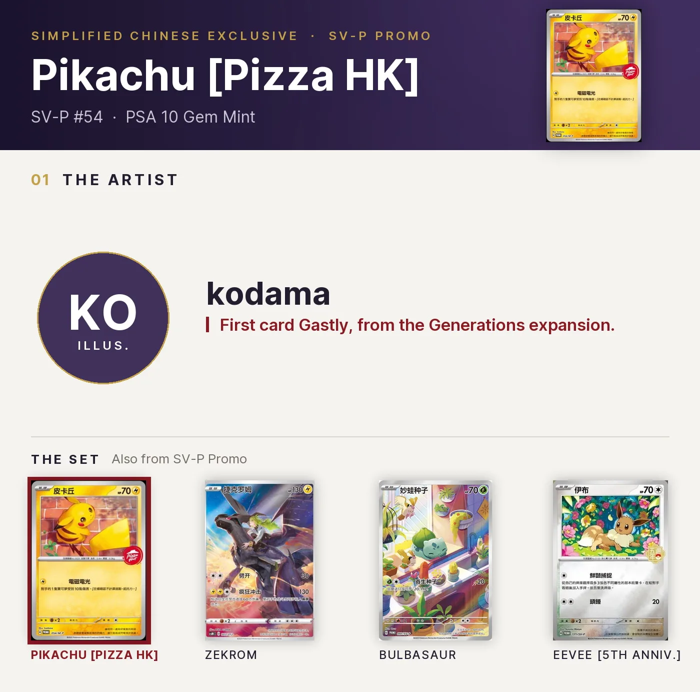 Pikachu [Pizza HK] — SV-P #54, PSA 10. Artist kodama. SV-P Promo, Simplified Chinese exclusive.