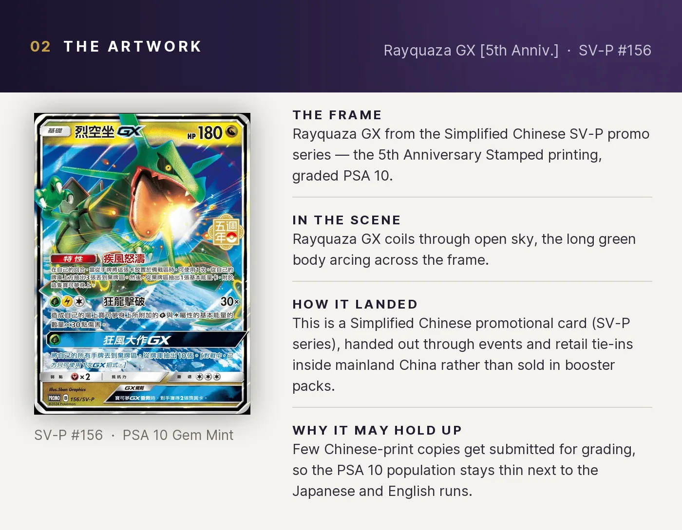 Rayquaza GX [5th Anniv.] — artwork breakdown for SV-P #156 (SV-P Promo).