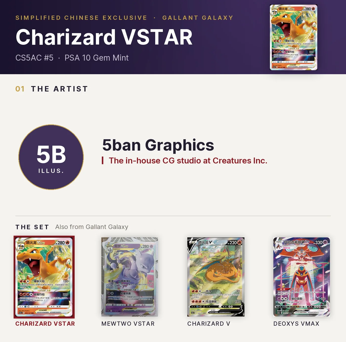 Charizard VSTAR — CS5AC #5, PSA 10. Artist 5ban Graphics. Gallant Galaxy, Simplified Chinese exclusive.