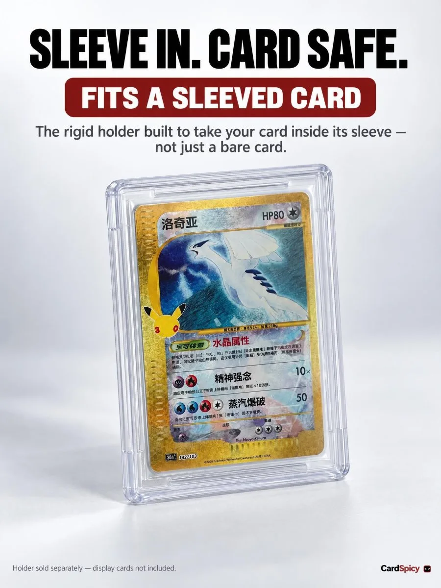 A trading card inside a penny sleeve fitted into a CardSpicy Ingot 35 rigid card case
