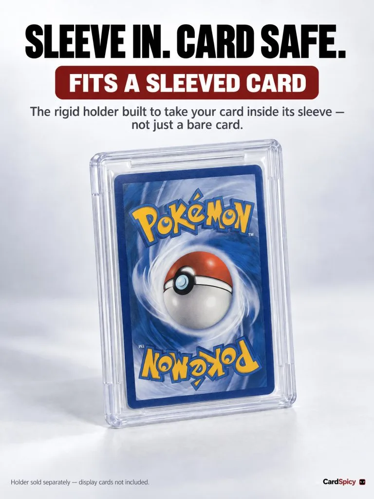 Pokemon trading card in a sleeve protected inside a clear rigid CardSpicy card case