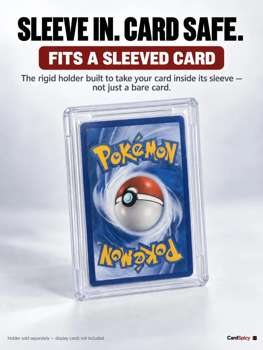 Pokemon trading card in a sleeve protected inside a clear rigid CardSpicy card case
