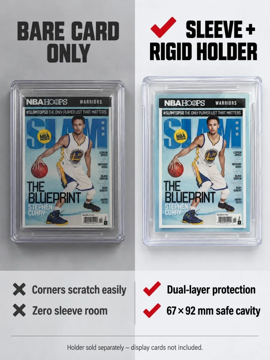 Comparison of a bare card versus a card in a sleeve inside a rigid card holder
