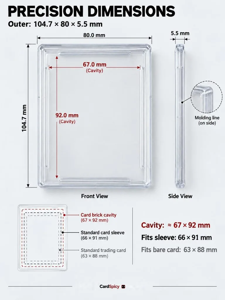 Precision dimensions of the CardSpicy Ingot 35: 104.7 x 80 x 5.5 mm with a 67 x 92 mm cavity