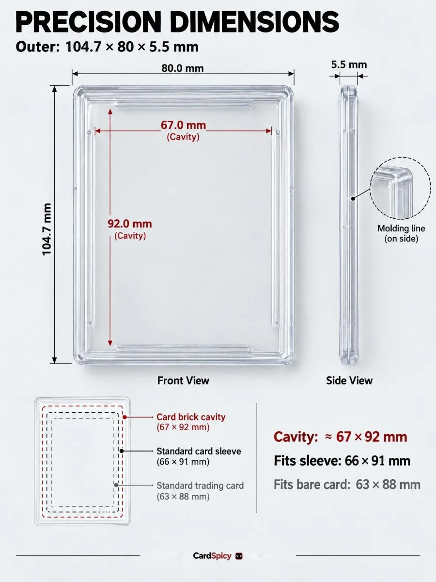 Precision dimensions of the CardSpicy Ingot 35: 104.7 x 80 x 5.5 mm with a 67 x 92 mm cavity