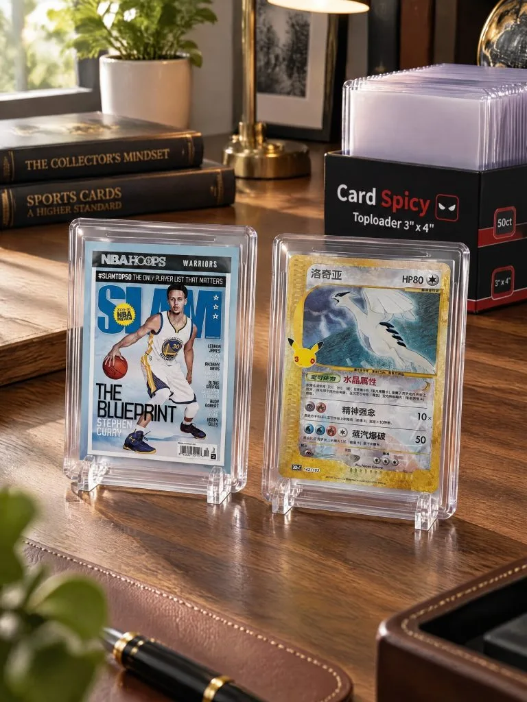 Collector desk with trading cards displayed upright in CardSpicy rigid card cases