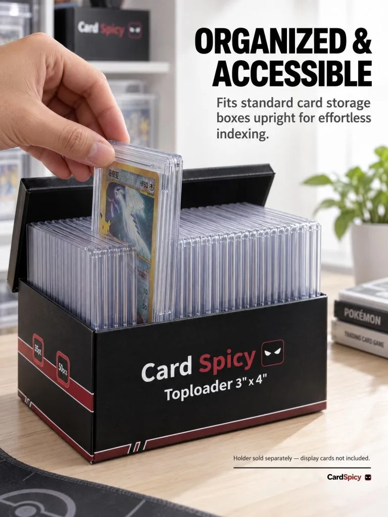 Card being pulled out of a storage box holding a row of CardSpicy rigid card cases