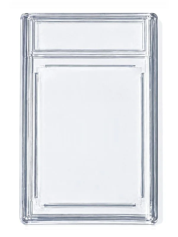 Clear acrylic display case for a single trading card, shown upright on a white background