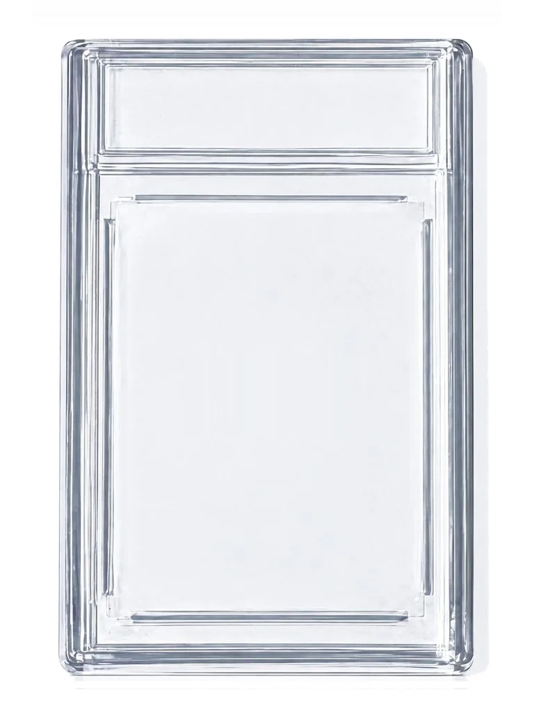 Clear acrylic display case for a single trading card, shown upright on a white background