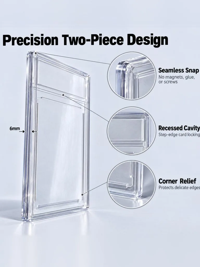 Two-piece display case shown apart, with the card slot and the blank label window visible