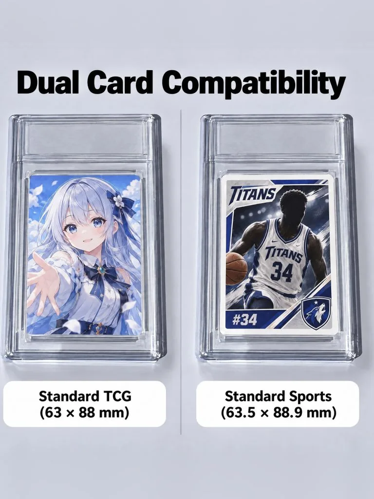 A standard TCG card and a standard sports card side by side, each in its own display case
