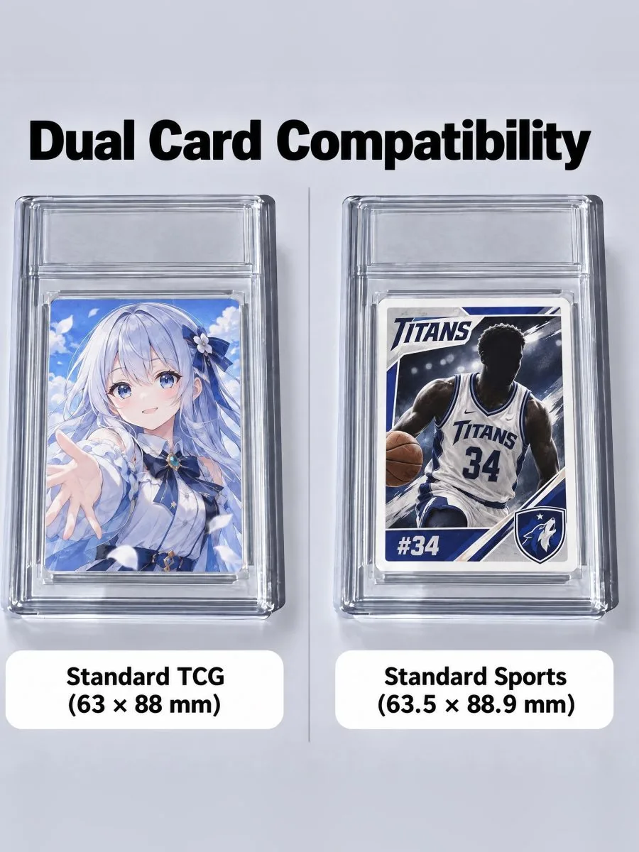 A standard TCG card and a standard sports card side by side, each in its own display case