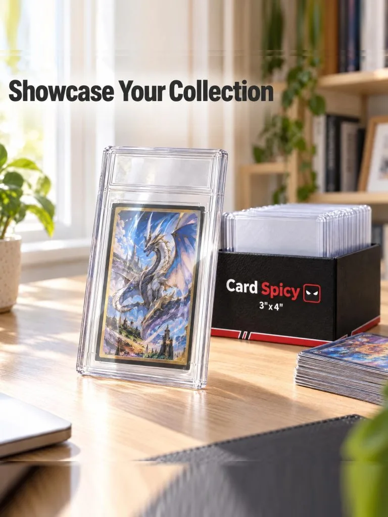 Display case standing on a collector desk beside a stack of sleeved cards