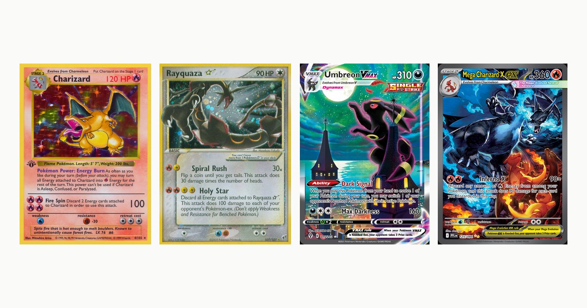 Four Pokémon cards spanning the timeline: 1999 Base Set Charizard, 2003 gold star Rayquaza, 2020 Umbreon VMAX alternate art and 2025 Mega Charizard X ex