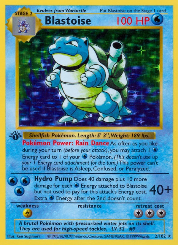 Base Set Blastoise holo showing the white card core along the cut edge