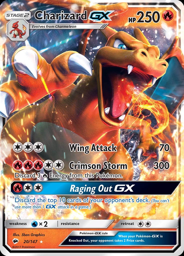 Charizard-GX card showing ability box, attack panels and GX rule bar