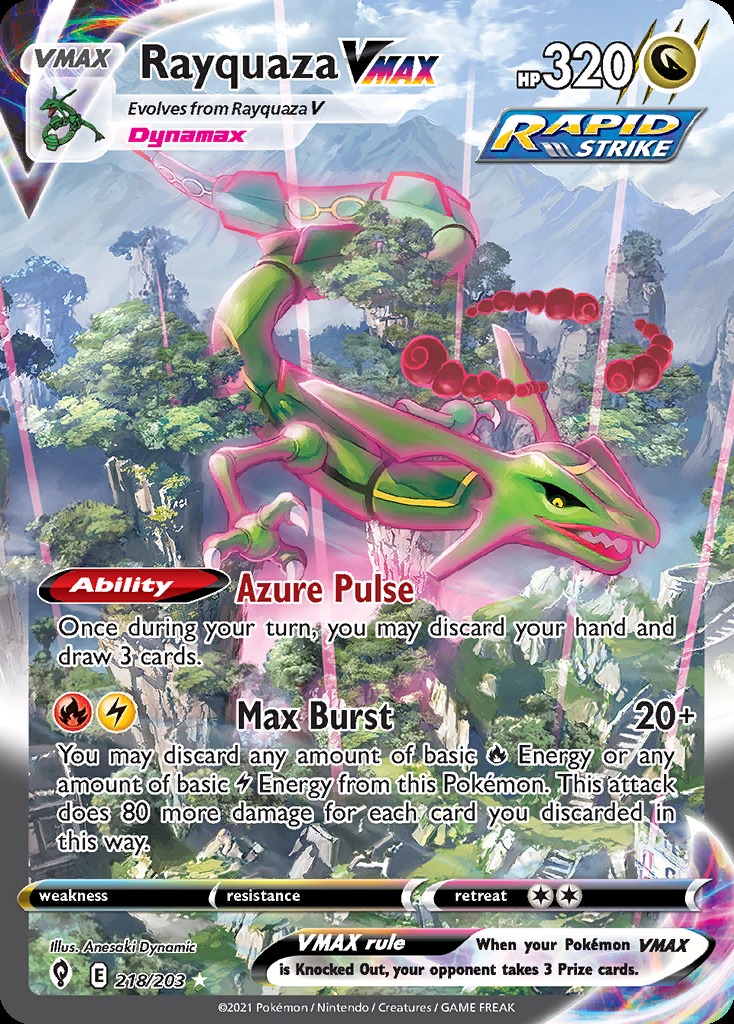Rayquaza VMAX alternate art card with textured foil across the full artwork