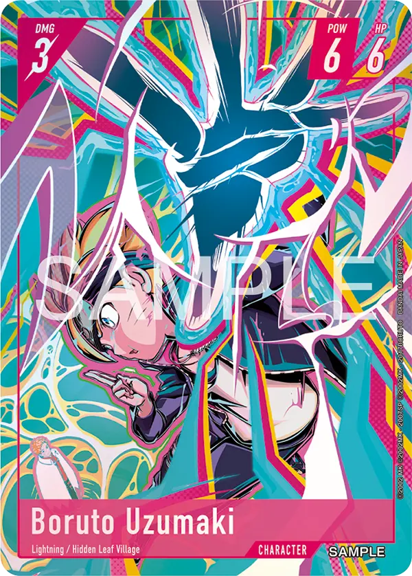 Boruto Uzumaki Character card from Bandai's Naruto Card Game, magenta frame, tagged Lightning and Hidden Leaf Village